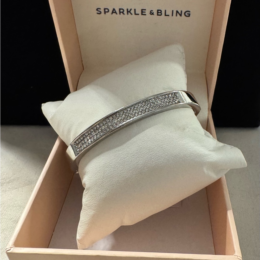 Silver Sparkle & Bling Silver Oval Hinged Bracelet w/ Crystals across the top.